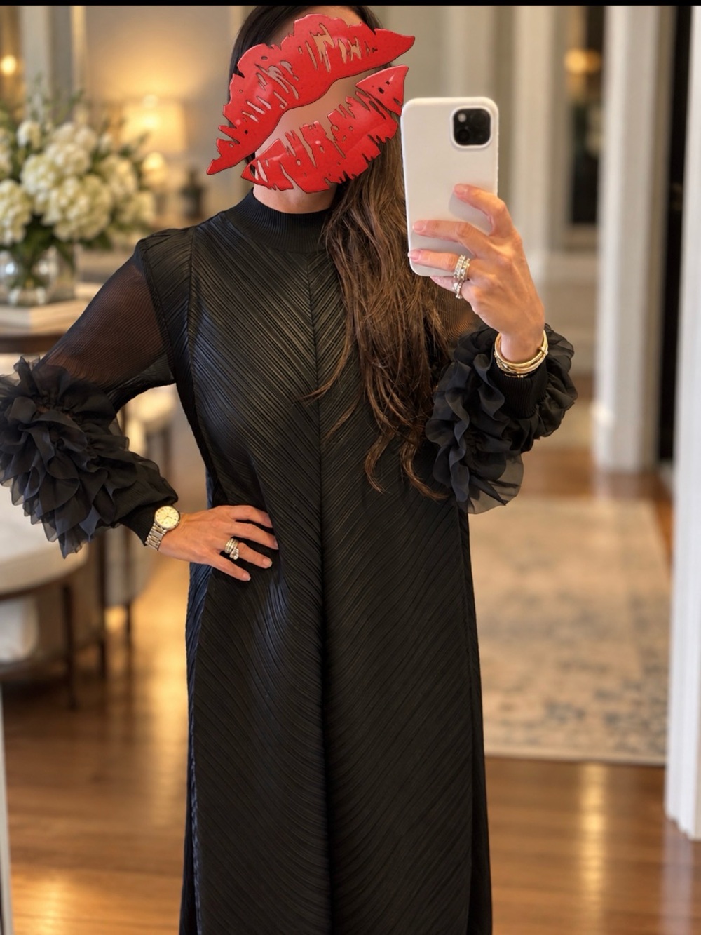 Elegant Black Long Sleeve Ruffle-Sleeve Dress /Kaftan